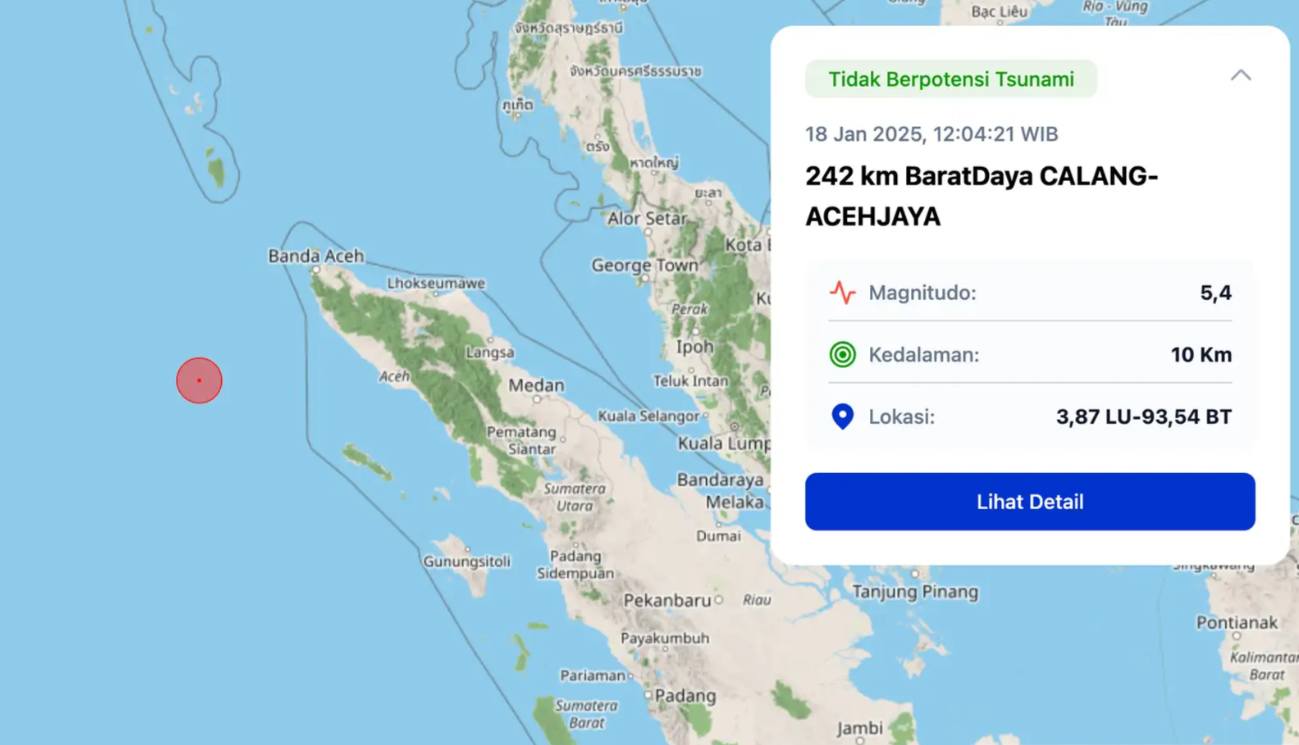 Gempa M 5,4 Guncang Banda Aceh,Getaran Terasa ke Wilayah Lain